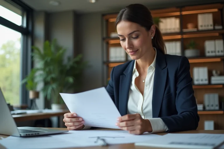 Femme professionnelle vérifiant l'authenticité d'un diplôme RNCP à son bureau dans un open space moderne